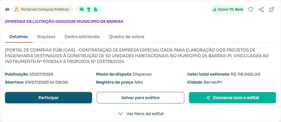 Card de resultado com o botão 'Converse com o edital' em destaque