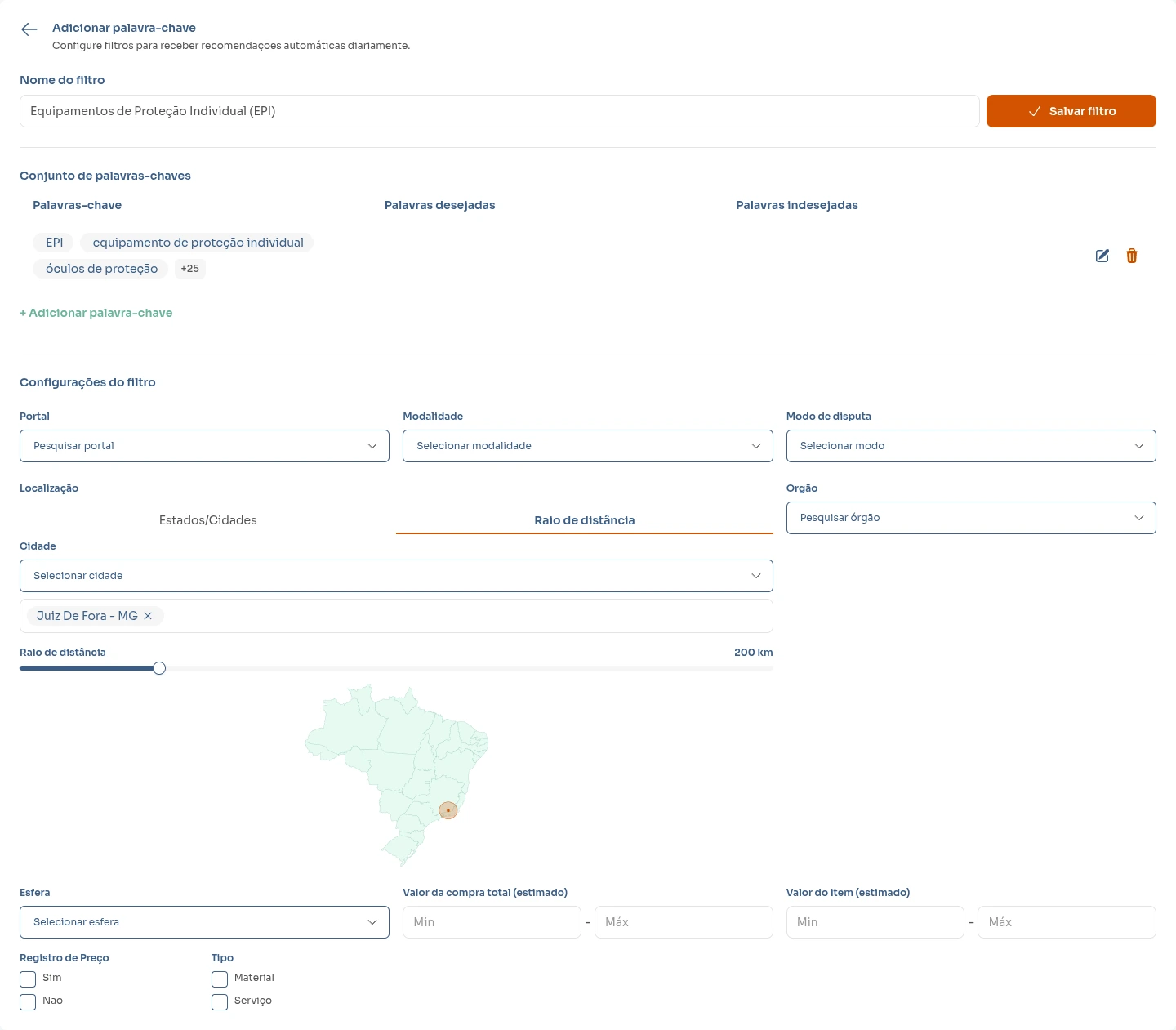 Filtro do Radar com conjunto de palavras-chave, portal, modalidade, modo de disputa e raio de distância