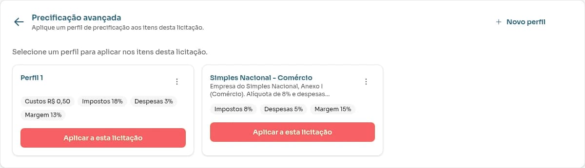 Perfis de precificação prontos para aplicar aos itens de uma licitação