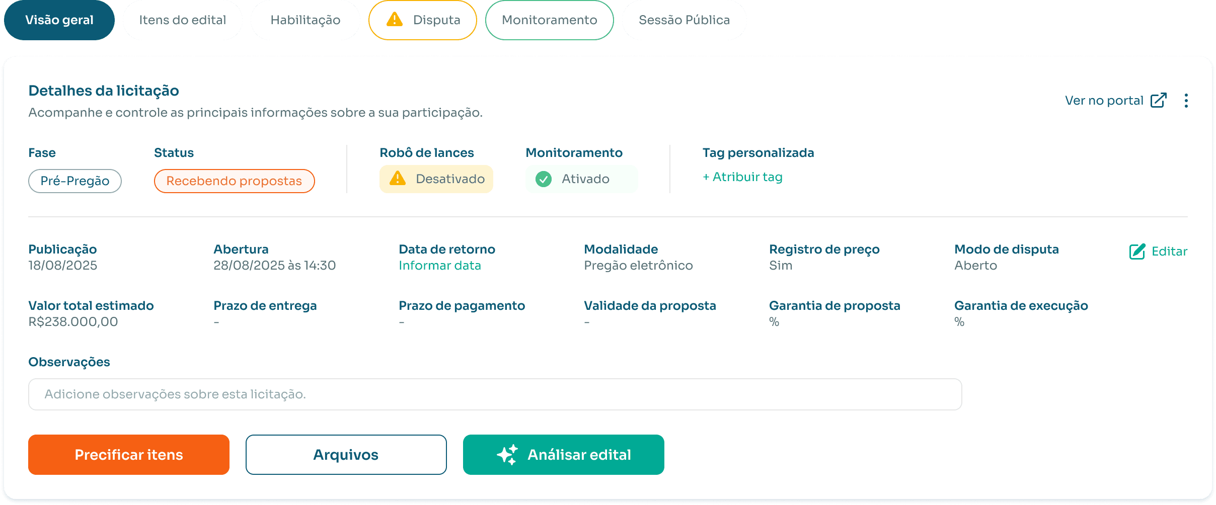 Interface de gerenciamento de licitação