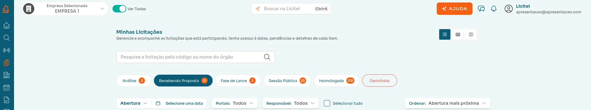 Topo da plataforma Licitei com o seletor de empresa e o modo "Ver Todas"