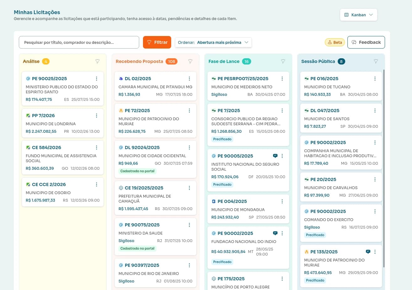 Quadro Kanban de licitações da Licitei