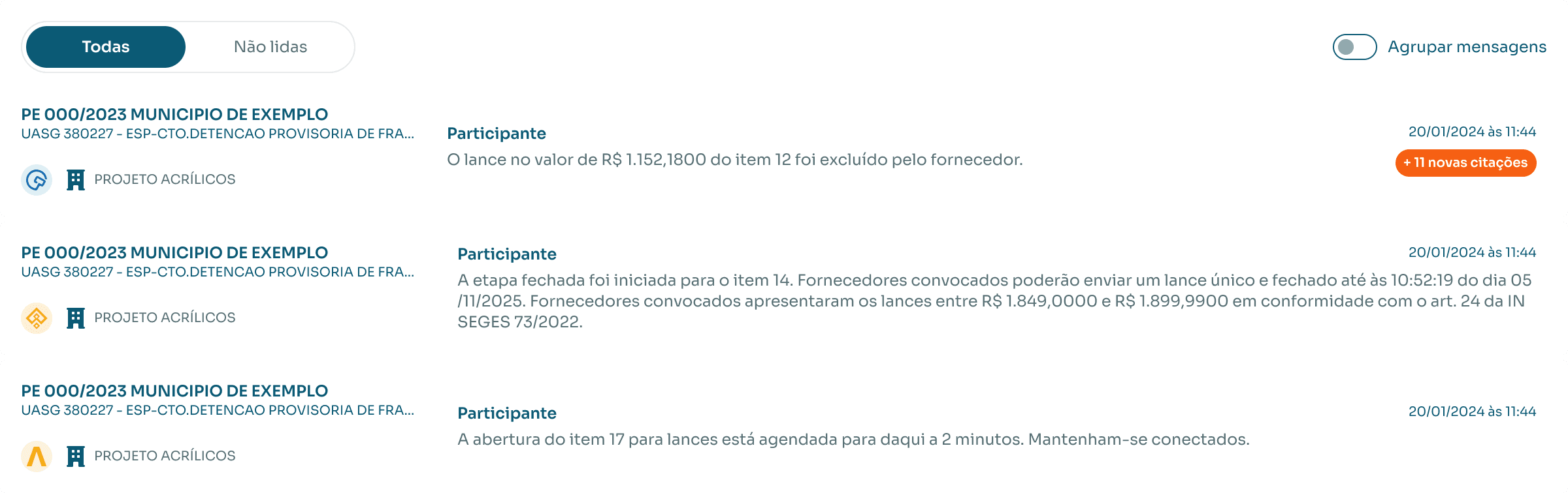 Central de mensagens da Licitei com todas as sessões monitoradas