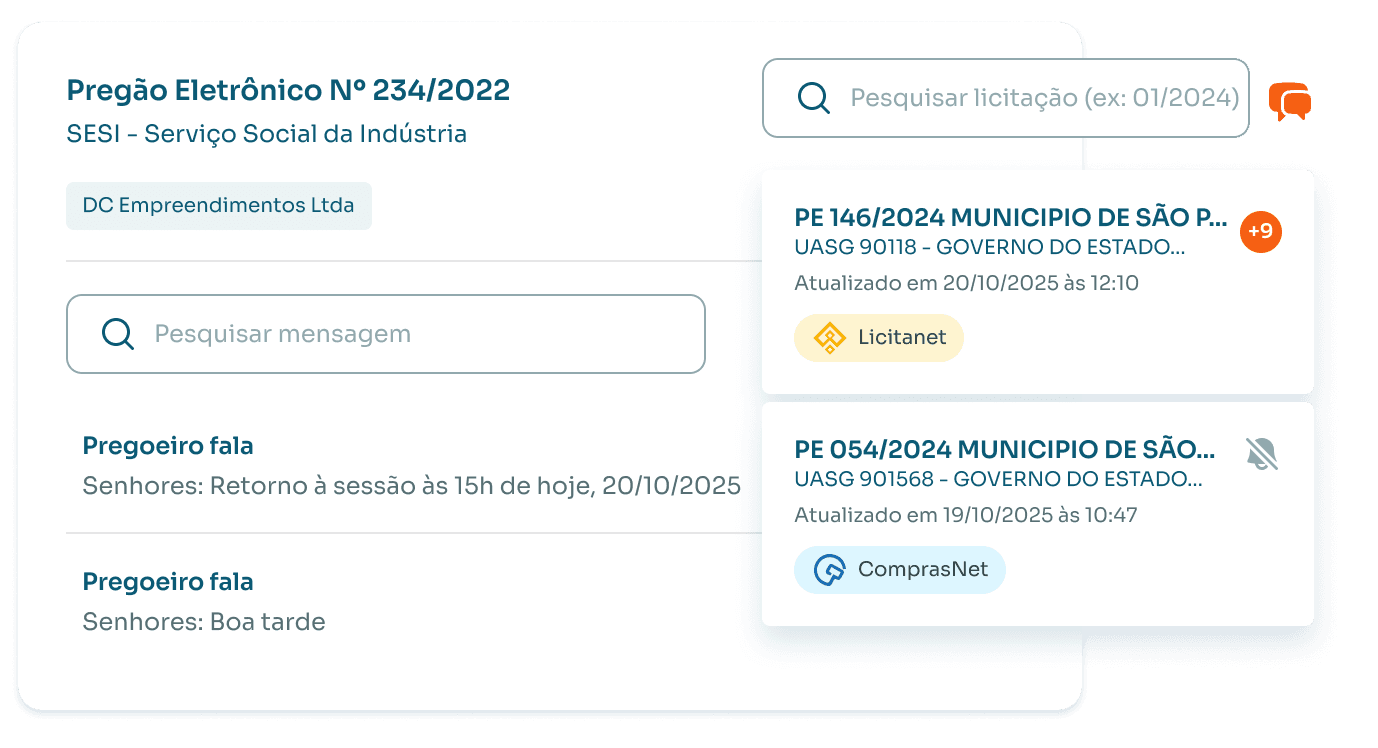 Interface de monitoramento de chat de licitações