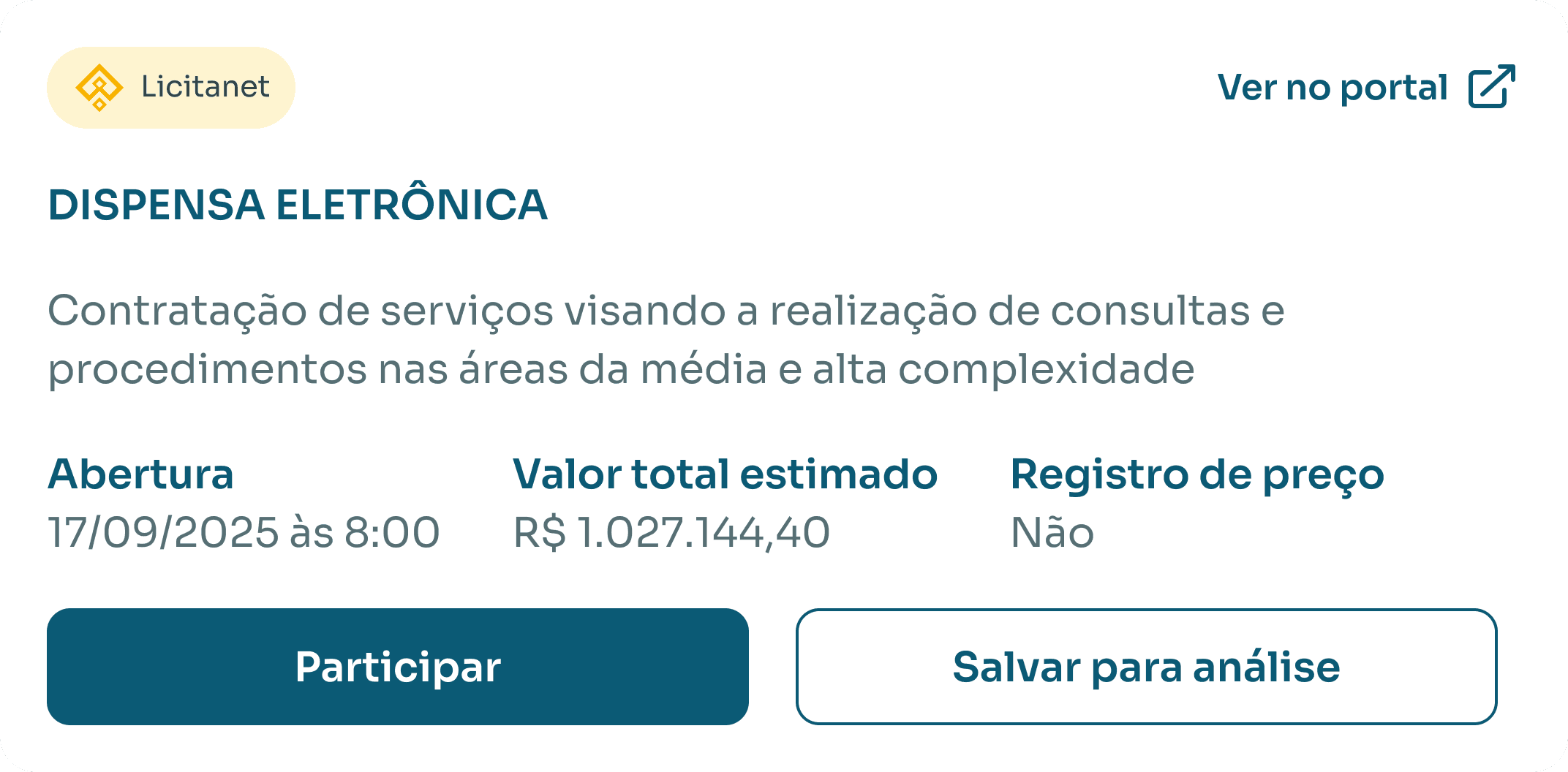 Exemplo de cartão de licitação