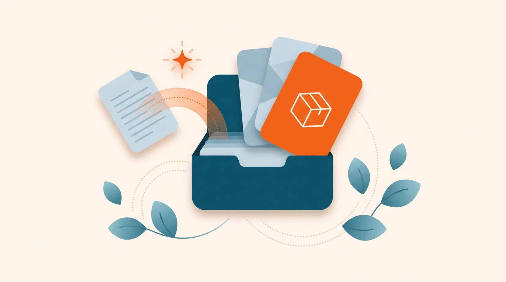 Ilustração: fichário de produtos com um documento sendo extraído automaticamente para o catálogo