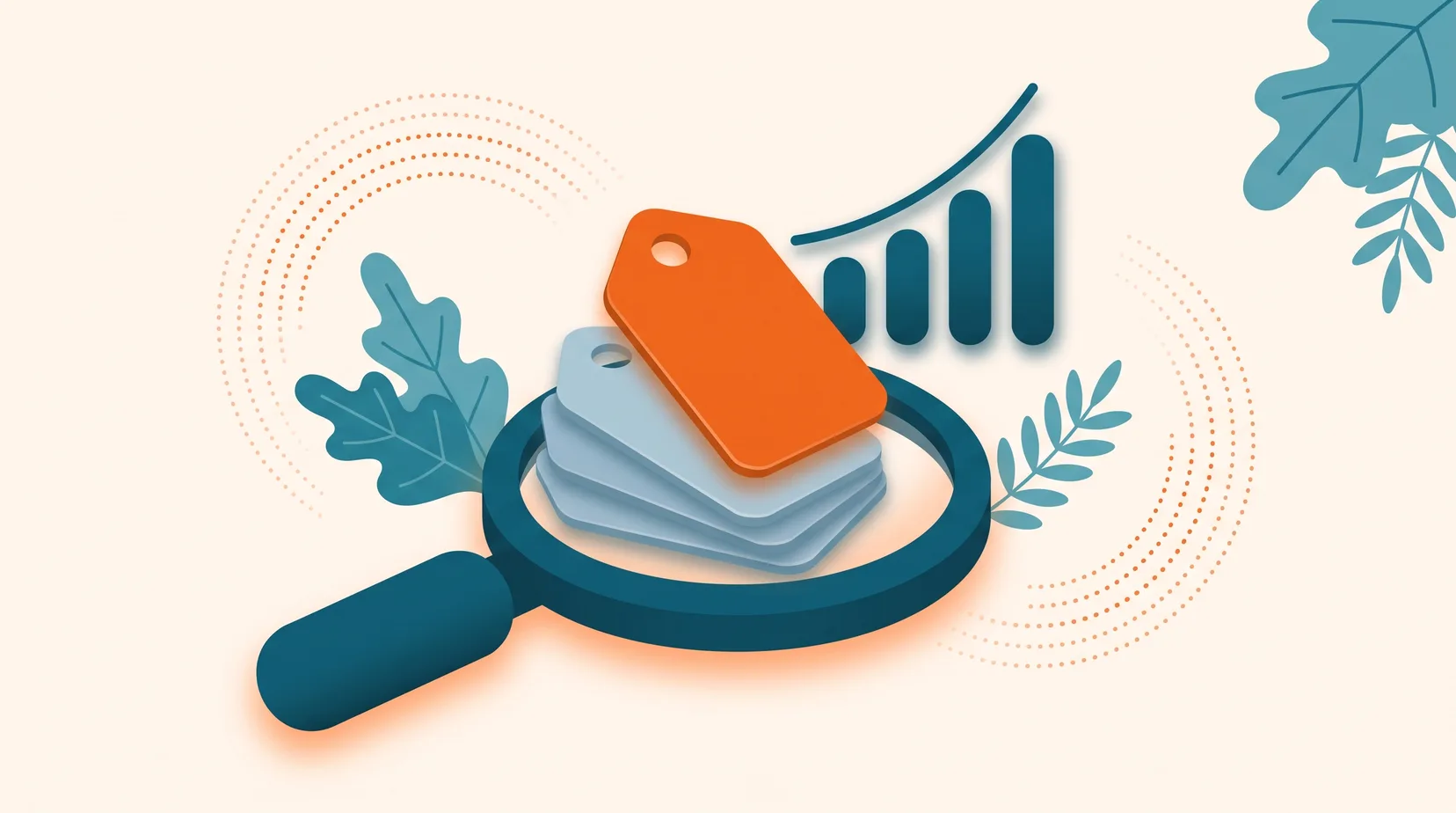 Ilustração: lupa sobre etiquetas de preço com um gráfico de barras ao fundo