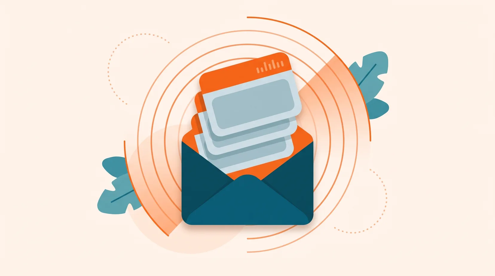 Ilustração: envelope aberto com cards de oportunidades saindo e arcos de radar ao fundo