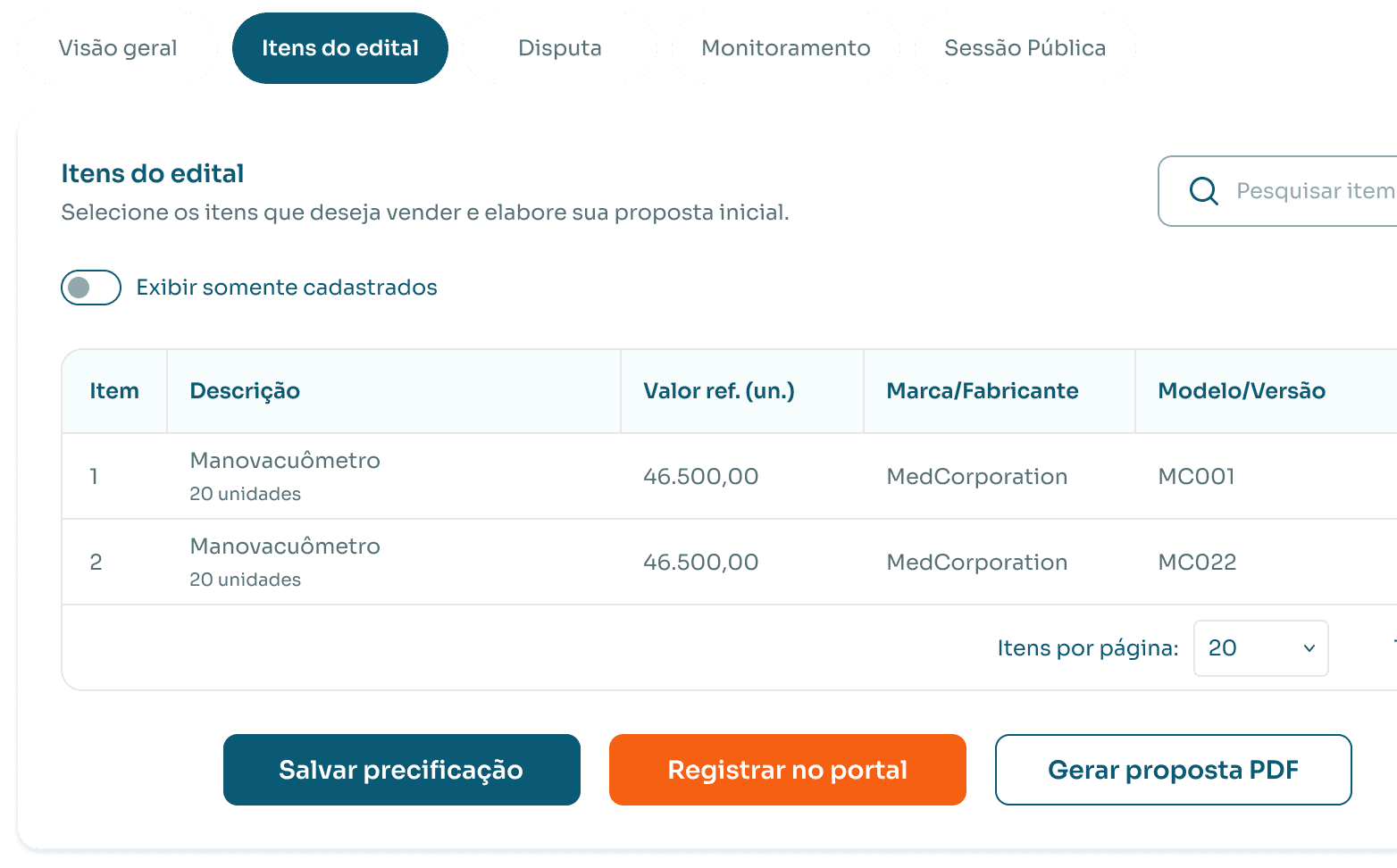 Interface de precificação
