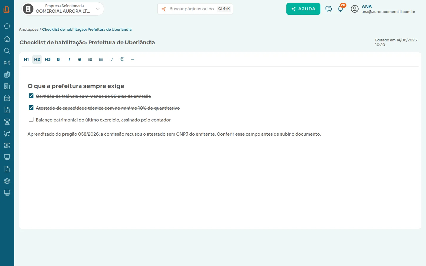 Anotação aberta com checklist de habilitação e indicador Salvo