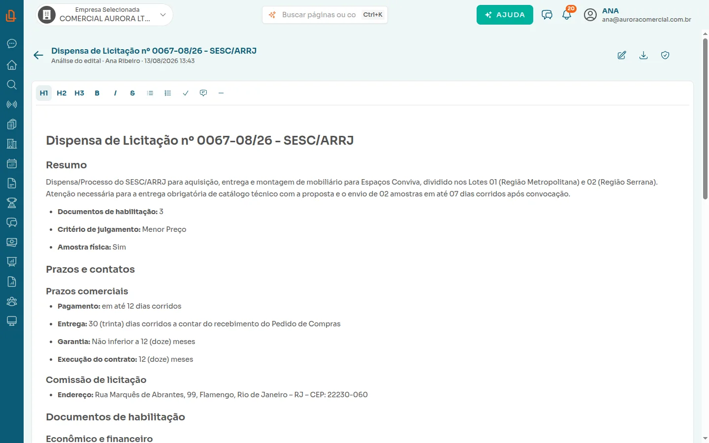 Análise de edital aberta no editor, com barra de formatação e botões de renomear, baixar PDF e assinar