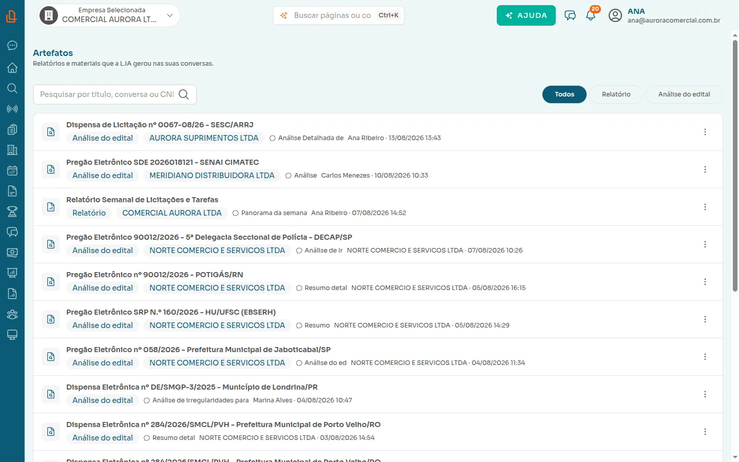 Lista de artefatos com busca e filtro por tipo