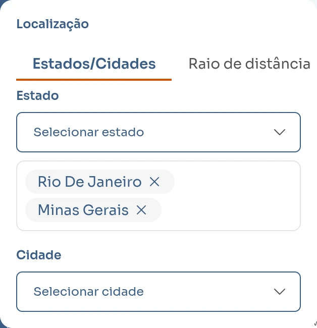 Bloco de Localização com a aba Estados/Cidades ativa e os chips Rio de Janeiro e Minas Gerais