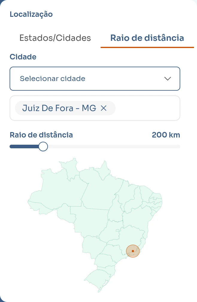 Bloco de Localização com a aba Raio de distância ativa, cidade central Juiz de Fora e raio de 200 km sobre o mapa do Brasil