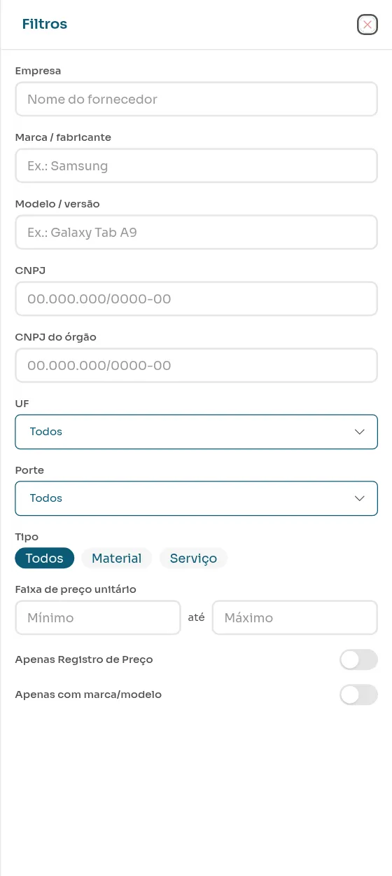 Painel de filtros da Pesquisa de Preços com campos para fornecedor, marca, CNPJ, UF, porte, tipo e faixa de preço