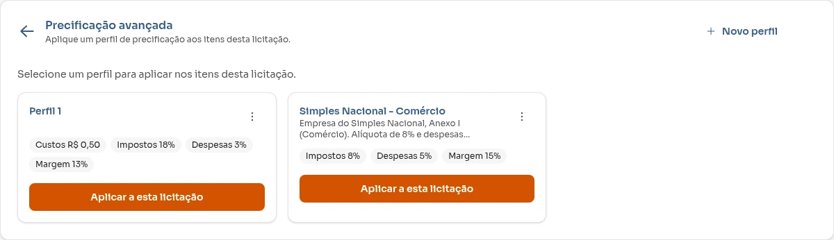 Seleção de perfis de precificação